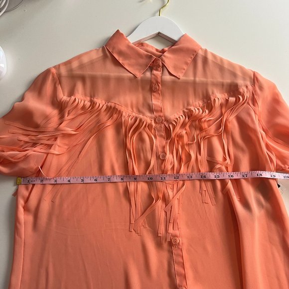 NWT BISOU BISOU Womens L Peach Semi Sheer Fringe Long Sleeve Button Down Shirt - Picture 6 of 7